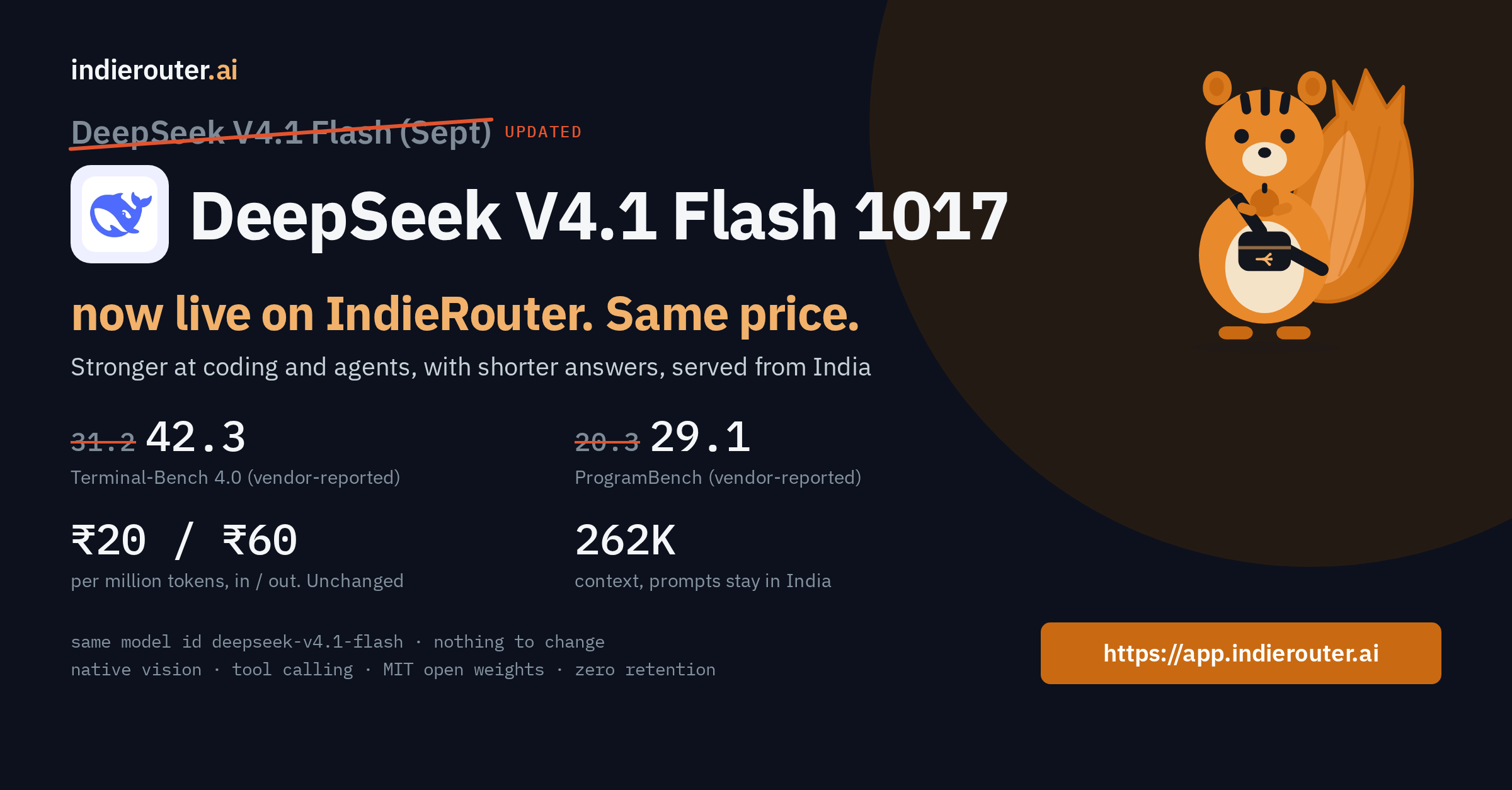 DeepSeek V4.1 Flash 1017 now live on IndieRouter
