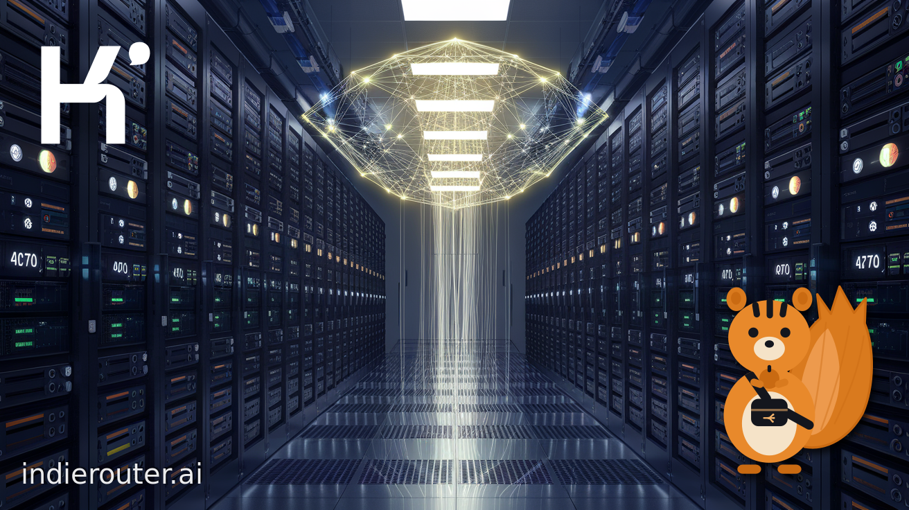 A server rack in a data centre with a large glowing neural network model hovering above it
