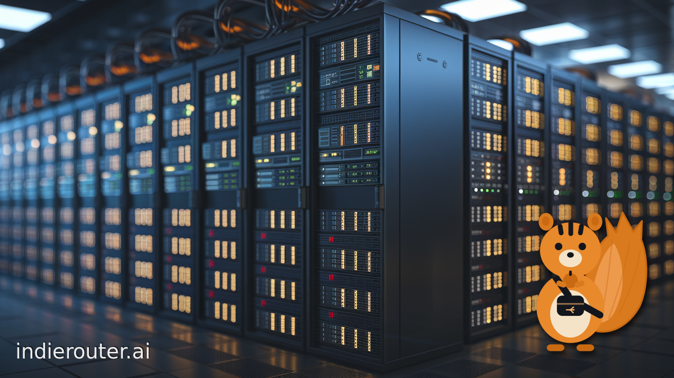 A data centre aisle of GPU servers, most glowing with activity while one sits dark and idle