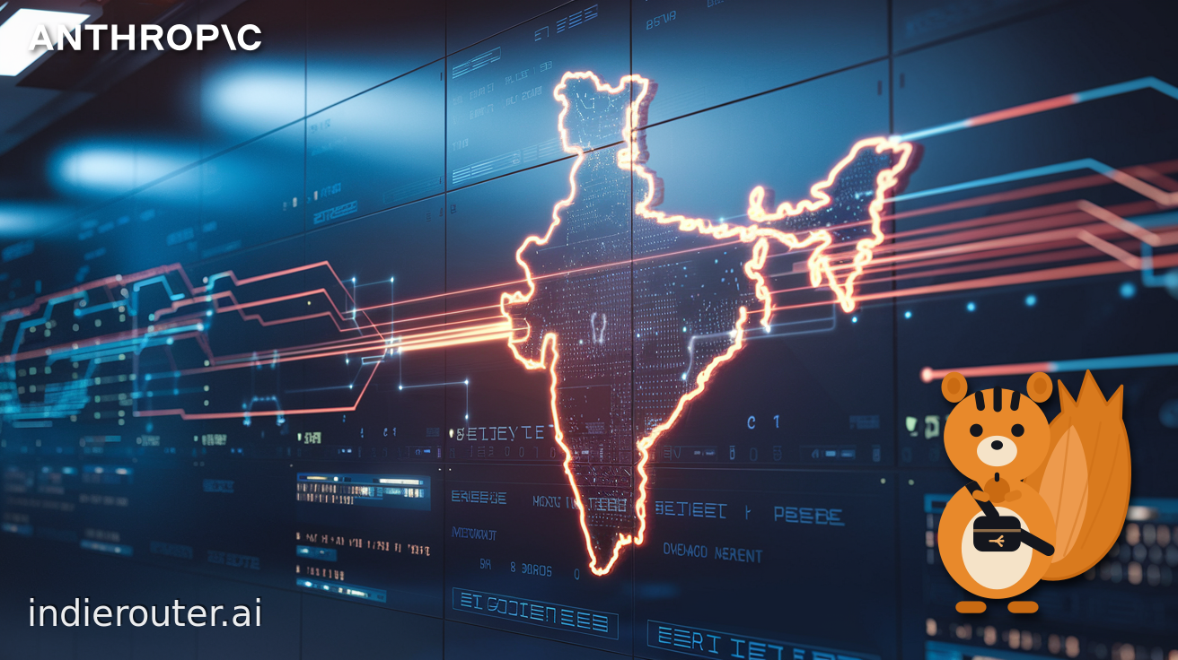 A data centre control room with a glowing map of India and connection lines to a distant server going dark